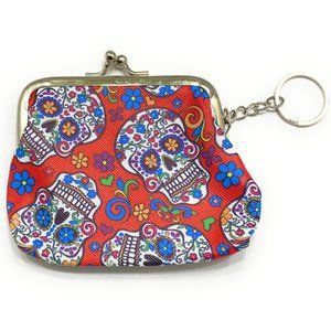 4.5" Red Sugar Skull Snap Closure Coin Purse w/ Keychain